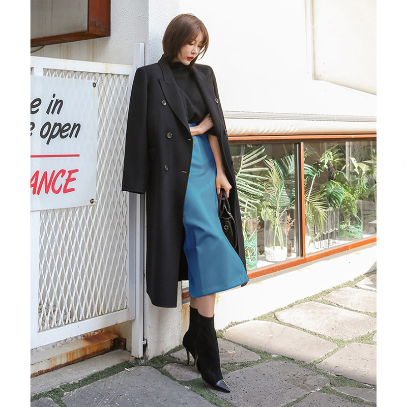 DEAT 2021 Fast Delivery New Fashion Korean Female PU Leather High Quality Mid-calf Length Spit Sexy High Waist Skirt AY095 210309