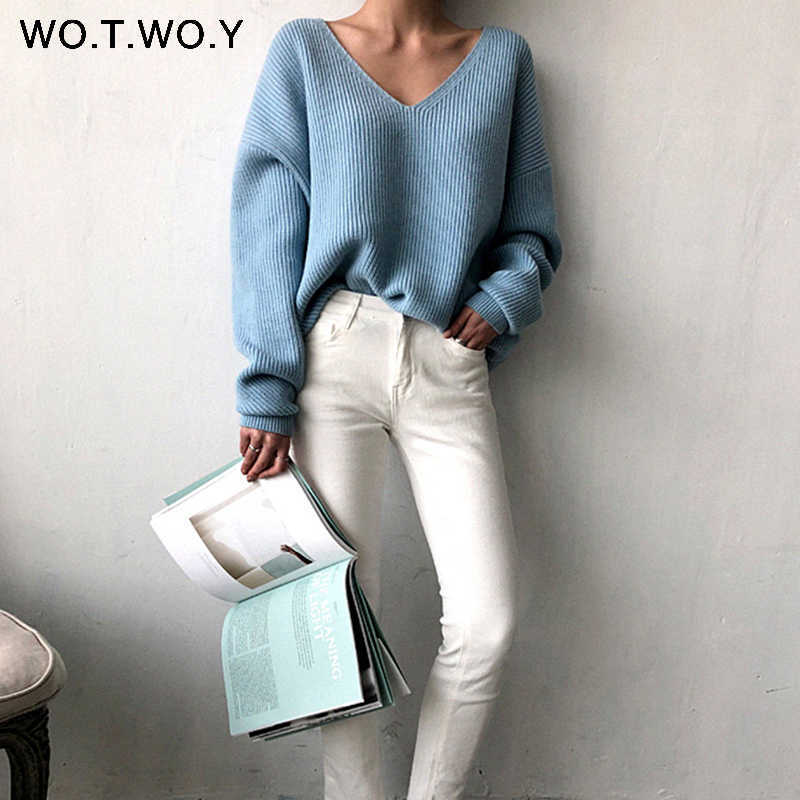 WOTWOY V-neck Knitted Oversized Sweater Autumn Winter Long Sleeve Basic Sweater White Casual Loose Pullovers Female 210914