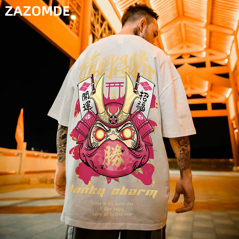 Men's T-Shirts Chinese Style Lucky Printed Short Sleeve Tshirts Summer Hip Hop Casual Cotton Tops Tees Streetwear 210225