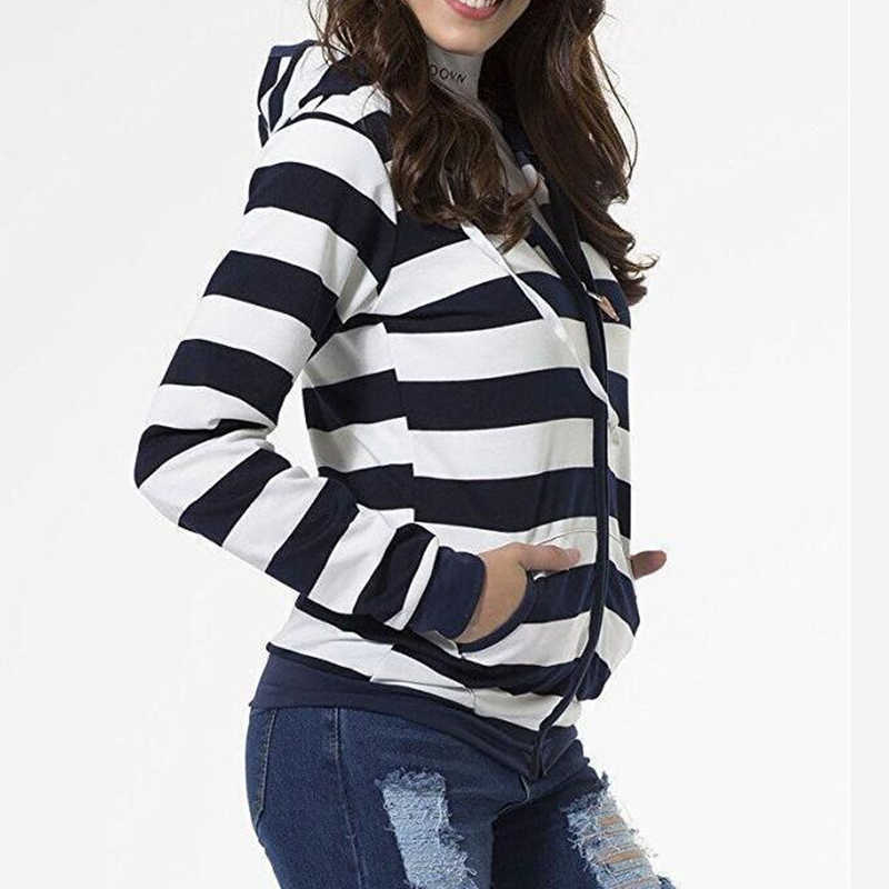 Autumn Women Striped Hoodies Sweatshirt Long Sleeve Hooded Zipper Pockets Jackets Casual Plus Size Tracksuit Female Clothes 210910