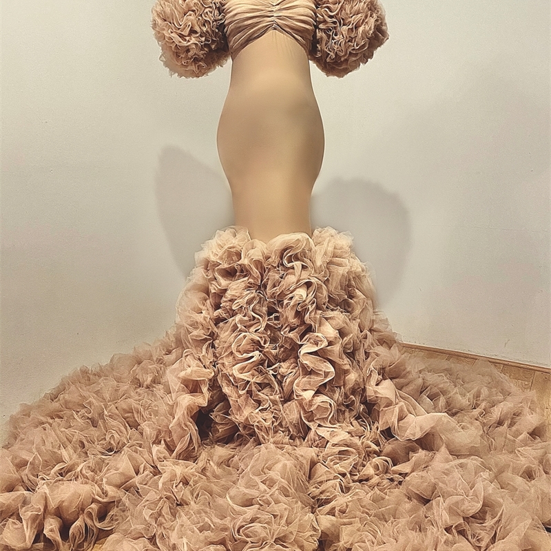 Floral Ruffled Bridal Maternity Dresses Sexy Slit Puffy Sleeve Elastic Custom Made Women Mermaid Party Dresses Plus Size 210224