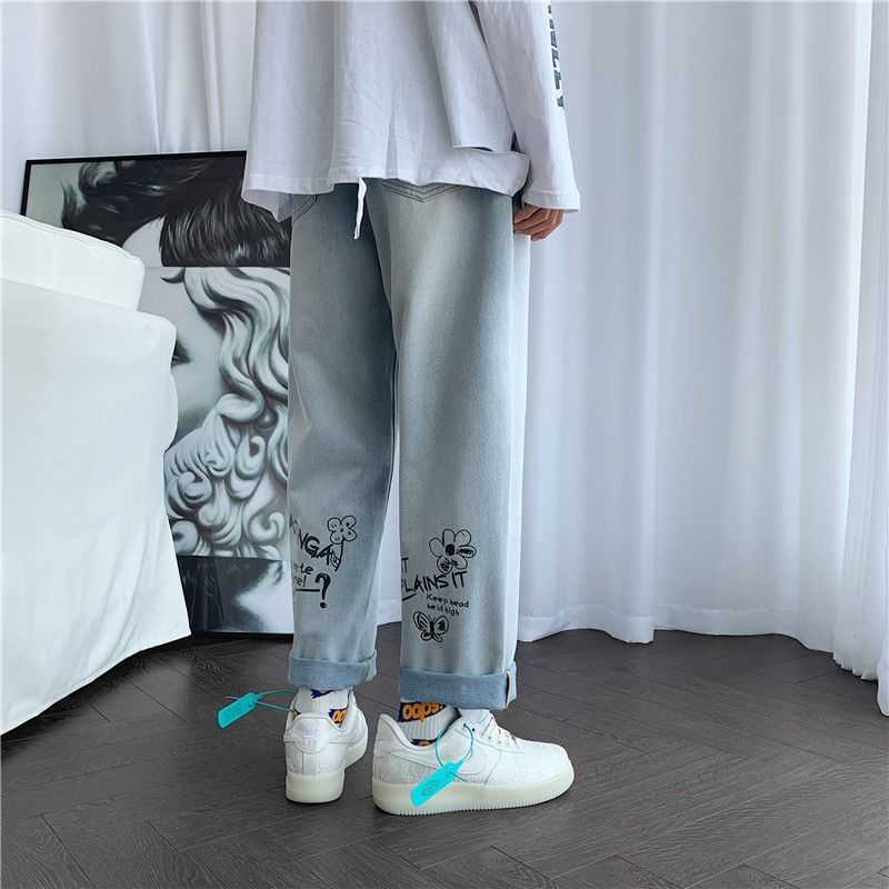 Preppy style jeans men women loose Korean trend multipurpose summer straight pants high street unisex cropped wide-leg trousers 210526