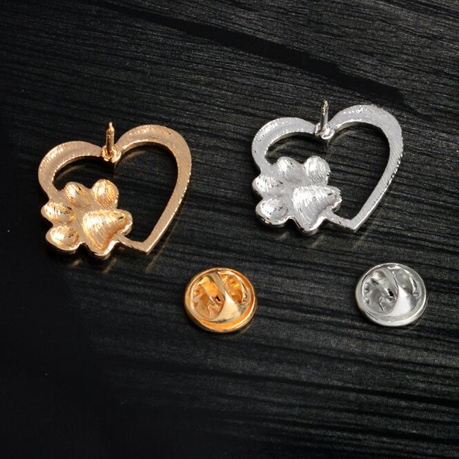 Silver Gold Color Love Heart Paw Lapel Pin Pet Paw Print Pet Loss and Pet Memorial Pins Jewelry Dog Cat Lover Gifts GC77