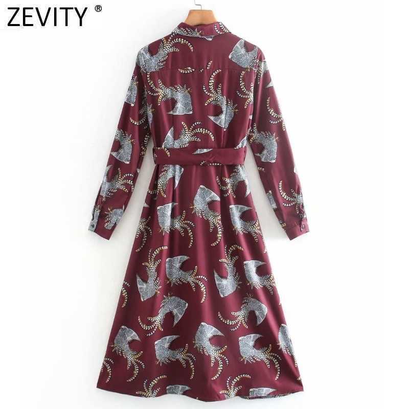Zevity Women Fashion Animal Print Bow Tied Sashes Shirt Dress Office Ladies Turn Down Collar Vestidos Casual Midi Dresses DS4784 210603