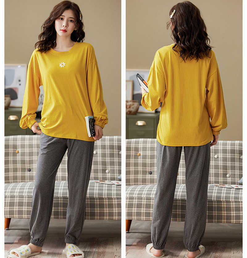 Spring Cotton Pajamas for Women Fall Atoff Home Clothes Plus Size Homewear Long Sleeve Cotton Sleepwearw Lounge Wear 210924
