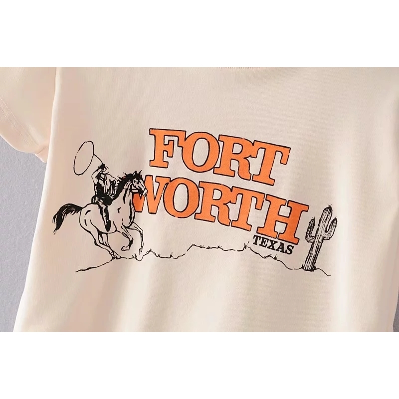 Women Horse Riding Print Crop Tee Cotton Short Sleeve Crop T-shirt 210306
