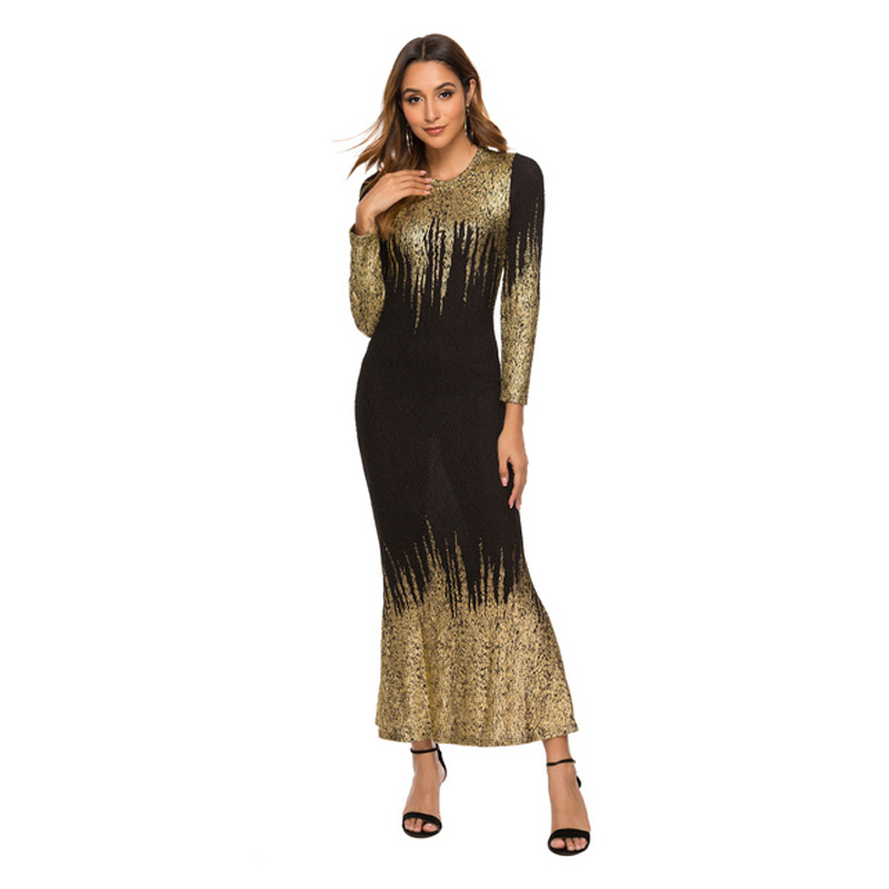 Autumn Winter Dress Women Elegant Gold Foil Slim Long Dress Fashion Bronzing Foam Long Sleeve ONeck Dresses Female High Quality 201008
