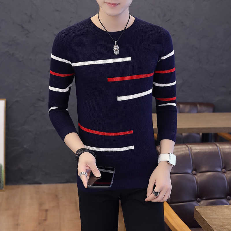 Spring Long Sleeve Knitted Sweaters Casual Men Sweater Color Patchwork O-Neck Top Blouse For Warm Men's Striped Clothing C254 210818