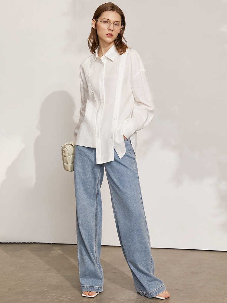 Minimalism Spring Summer Women's Tops Offical Lady 100%Linen Irregular Hem Female Blouse Causal Women Shirt 12170022 210527
