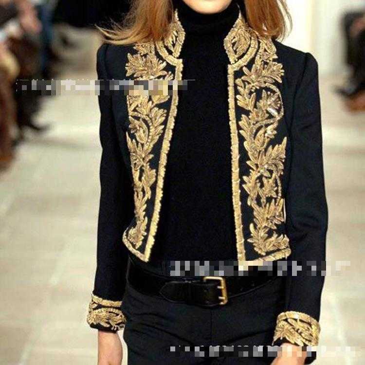 Women Blazer Printed Black Coat Stand Collar Long Sleeve Women's Slim Suit Jacket Short Autumn 210524