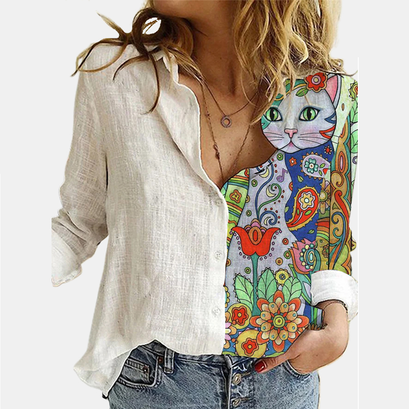 Women's Fashion Loose V-neck All-match Shirts Linen Retro Printed Long-Sleeve Streetwear Shirt Casual Long Sleeve TShirts S-3XL 210302