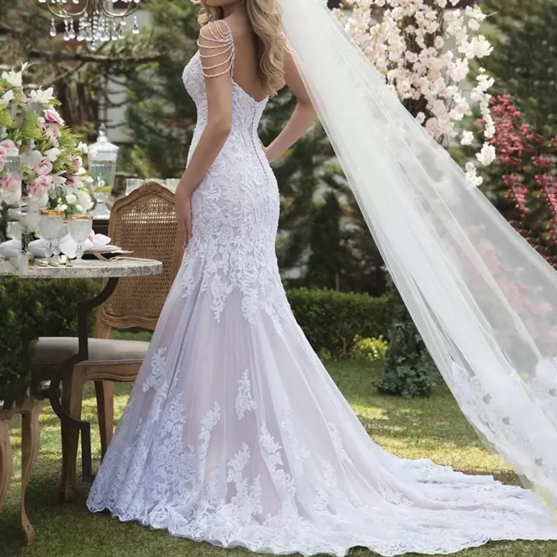 Mermaid Wedding Dresses Bridal Gown Sleeveless Spaghetti Straps Lace Applique Beaded Beading Sweep Train Custom Made Plus Size Vestidos De Novia 403 6