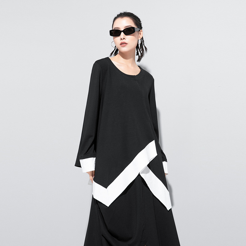 [EAM] Women White Contrast Color Split Big Size T-shirt New Round Neck Long Sleeve Fashion Tide Spring Autumn 2021 1DA611 210302