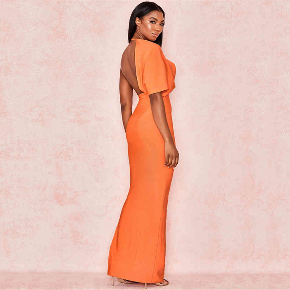 Summer Bandage Women'S Orange Sexy Deep V-Neck Open Back Split Tight Dress Vestidos 210525
