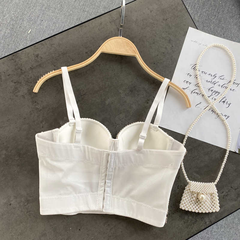 Lady Fashion High Street Chest Wrapped Padded Vest Beads Sexy Sleeveless Bustier Crop Tops Women Party Clothings Q201 210625