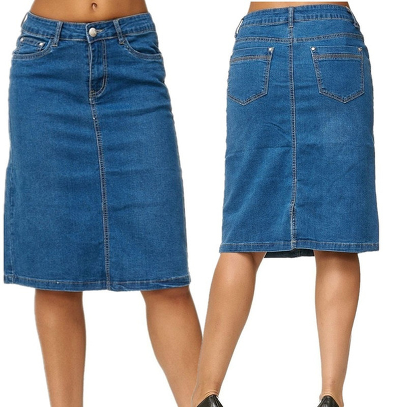 Denim Skirt Women Fashion Casaul Stretch Knee Length Washed Denim Blue Skirts Plus Size Pockets Pure Color Office Female Skirts 210309