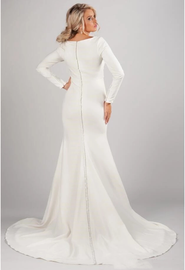 Autumn Simple Mermaid Wedding Dresses Long Sleeve Satin Bridal Gowns Back Button Modest Muslim Reception Dress Sweep Train