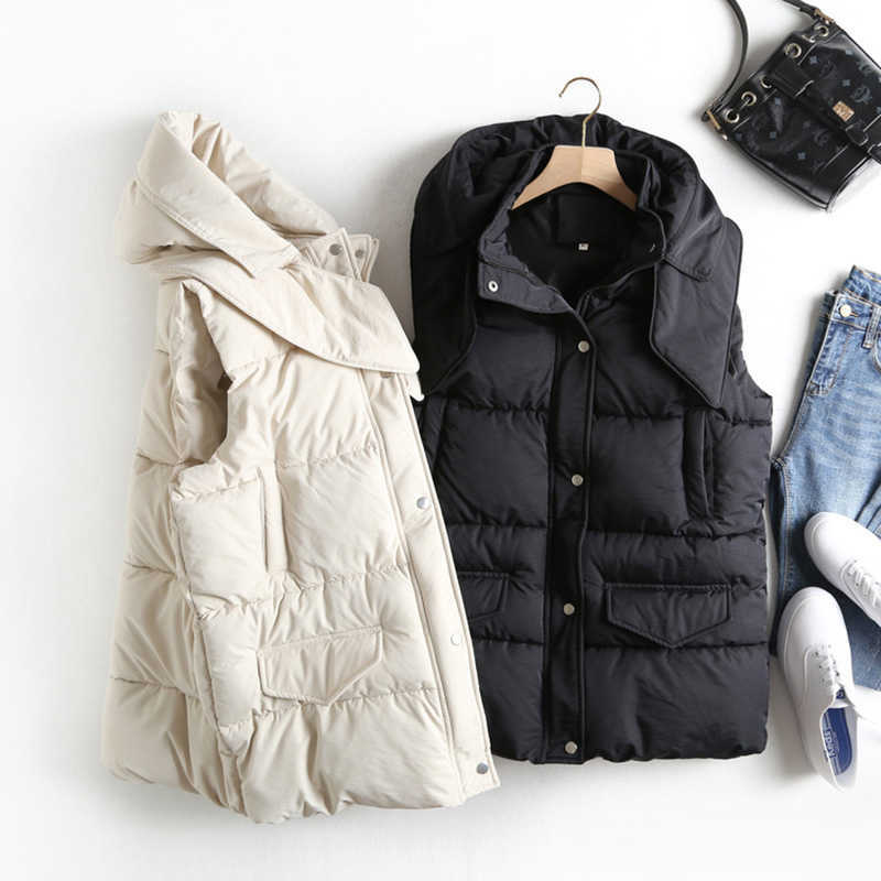 Casual Solid Color Women's Vest Cotton Hooded Thicken Down Coat Sleeveless Winter Vests For Women 210927