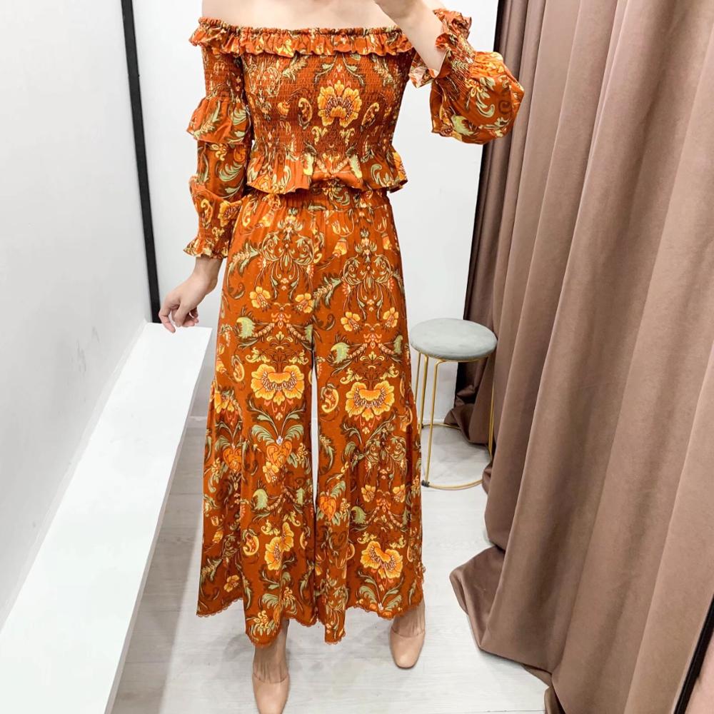 Bohemia Ruched Elastic Slash neck floral Print Long sleeve Shirt Orange Women Elastic Waist Wide leg Pants 2 Pieces Set, Red
Bohemia Ruched Elastic Slash neck floral Print Long sleeve Shirt Orange Women Elastic Waist Wide leg Pants 2 Pieces Set, Red