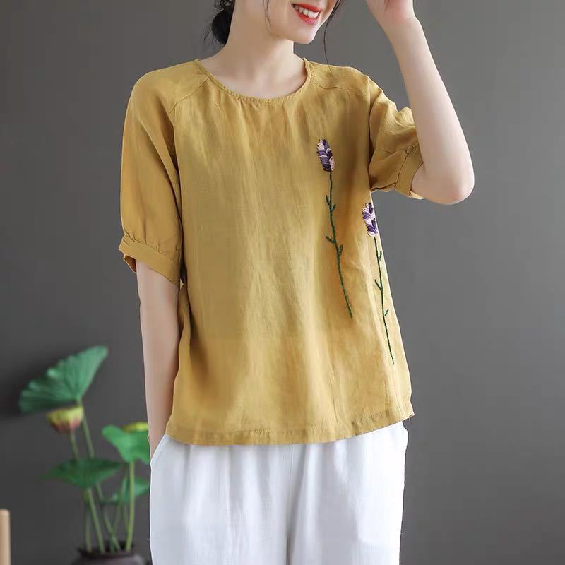 T-shirts Women Summer Vintage Floral Embroidery Casual Tops Shirt New Fashion All-match Cotton Linen Female Tee Shirt P683 210306