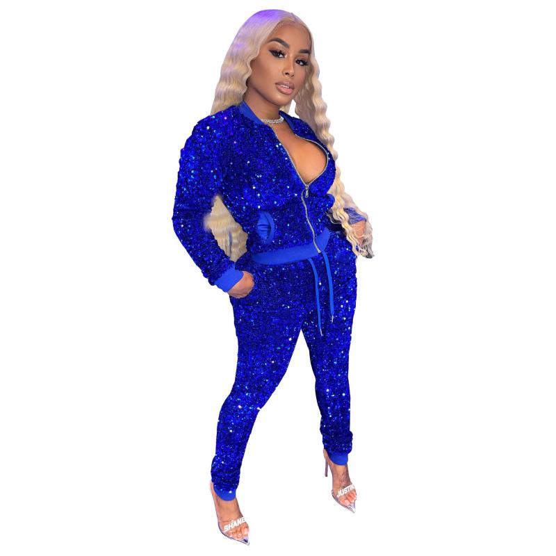 Women's Two Piece Pants Glitter Sequin Patchwork Set Fall Winter Clothes 2021 Zipper Front Long Sleeve Jackets And Drawstring Sweatpant