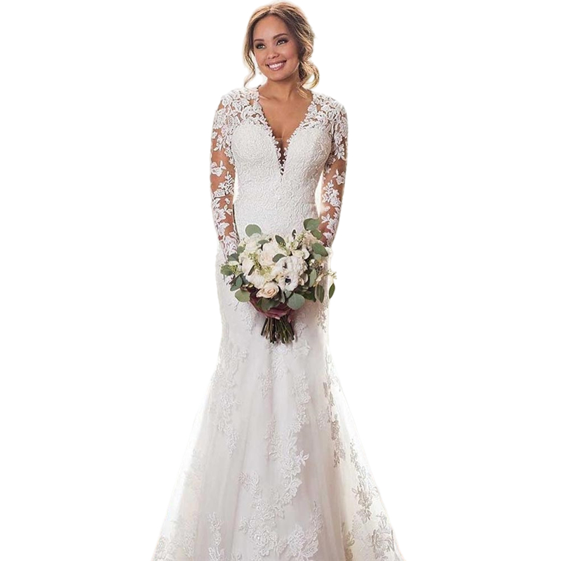 Graceful Long Sleeve Lace Mermaid Wedding Dresses Appliques V Neck Ivory Bridal Gowns Sweep Train Back Zipper Spring Country bride Wedding Dress 2022