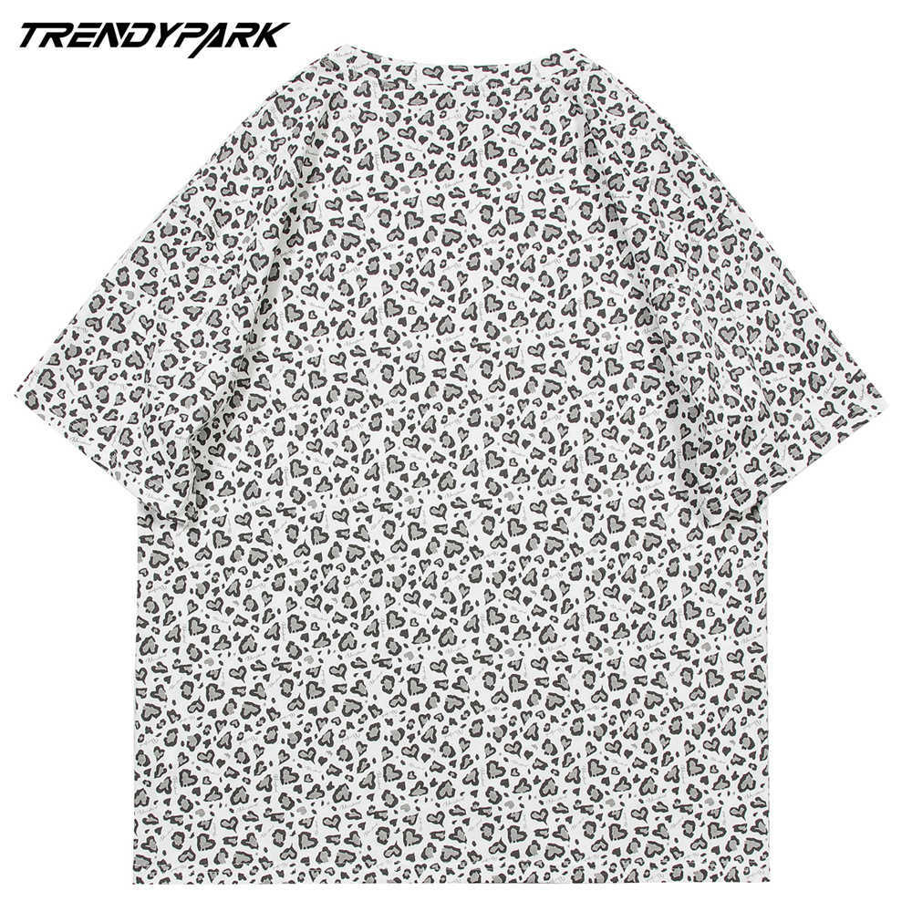 Men's Hip Hop Tshirts Little Hearts Leopard Pattern Short Sleeve Shirts Streetwear Harajuku Casual Cotton T-Shirt Summer Tops 210601