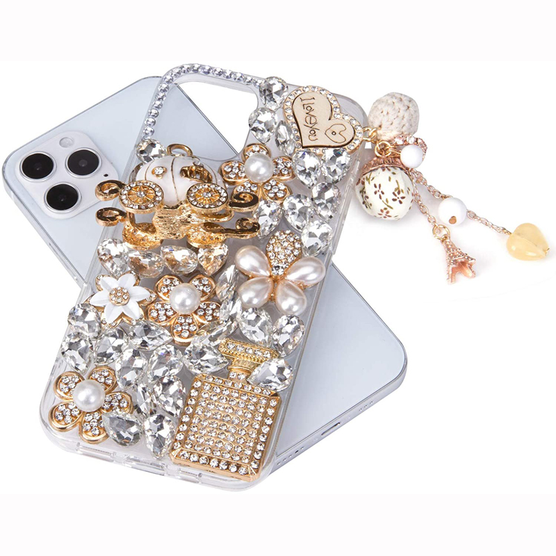 Luxury 3D Bling Glitter Diamond Cases Pumpkin Car Pendant Pearl Flowers Cover For iPhone 16 15 14 13 12 11 Pro MAX 8 Plus Samsung S22 S23 FE S24 Ultra
