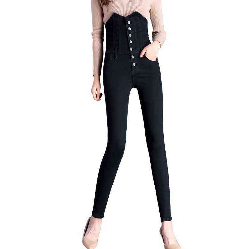 Women's High Waist Skinny Jeans: Stretchy Cotton Blend, Black Or Blue, Casual Pencil Denim Pants