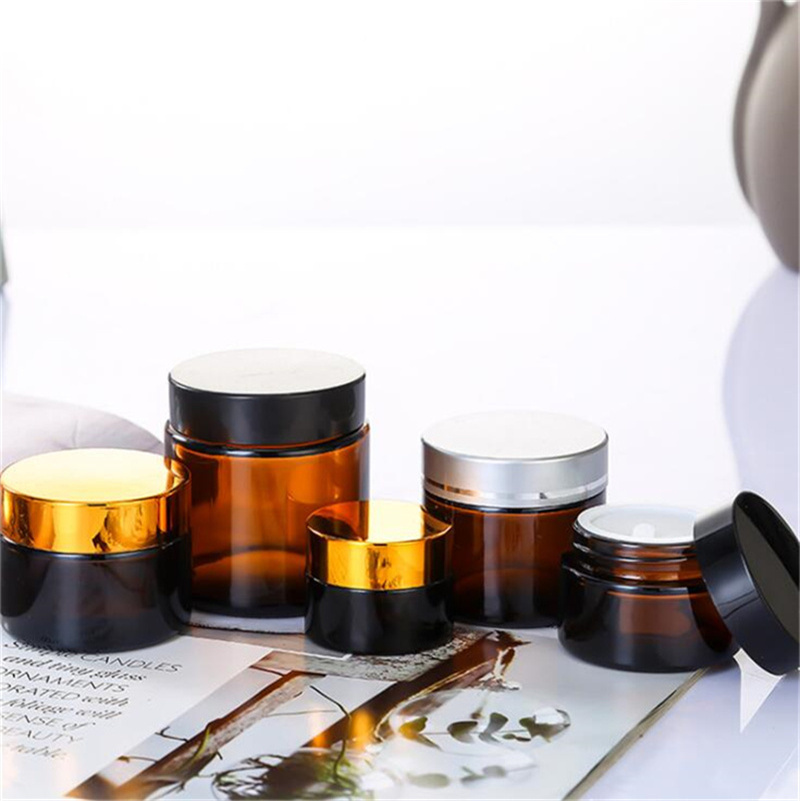5g 10g 15g 20g 30g 50g Amber Brown Glass Cream Jar Refillable Bottle Cosmetic Makeup Storage Container with Gold Silver Black Lids