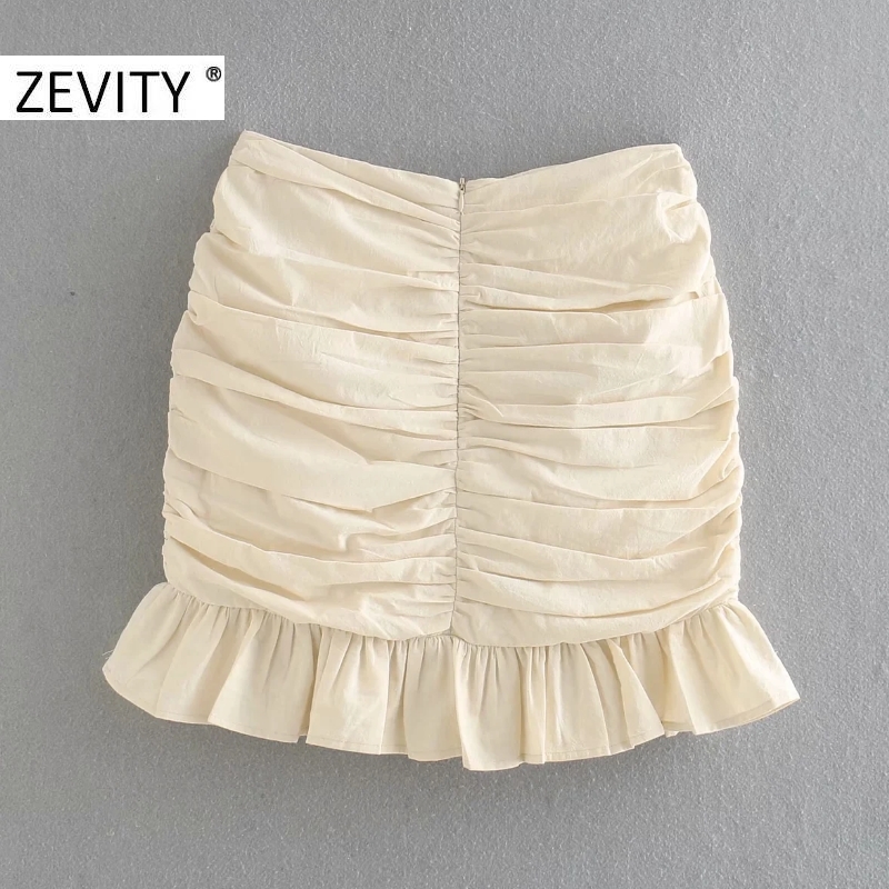 Zevity Women diamond button decoration pleated slim skirt faldas mujer ladies back zipper vestido chic hem ruffles skirts QUN675 210306