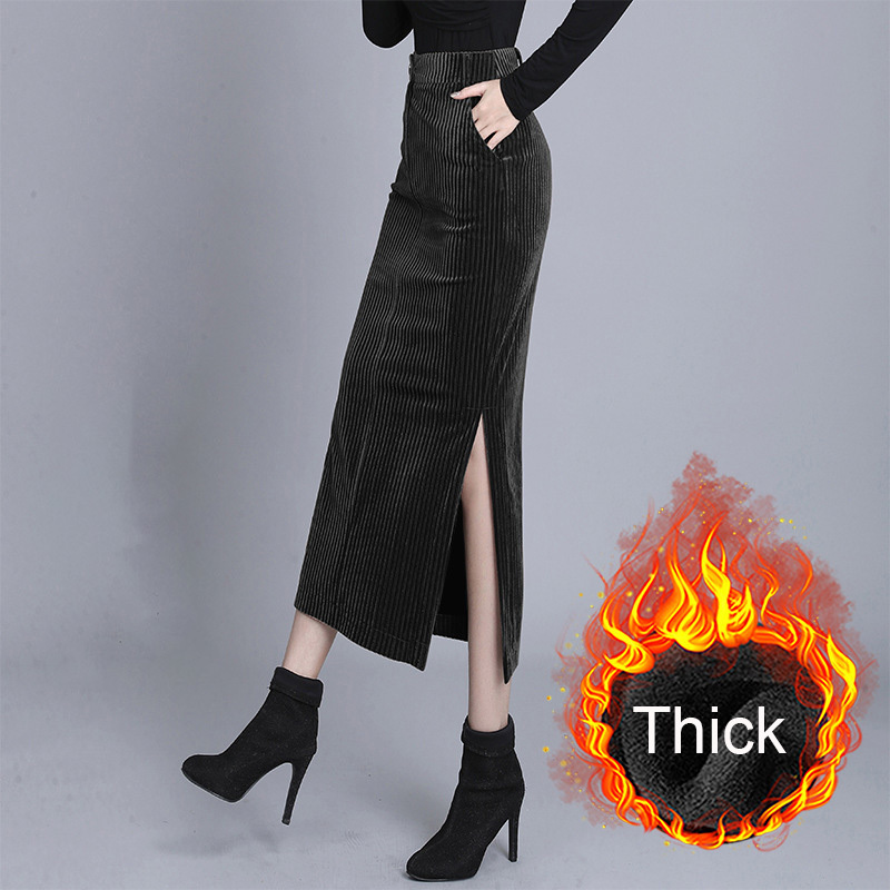 Plus Size Women Thick Corduroy Skirt Autumn Winter Vintage Pencil Side Slit Female Long Skirt High Waist Wrap Coffee Skirt 210309