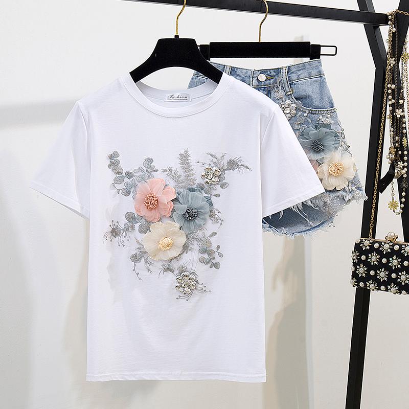 2021 Summer Women 2 Piece Sets Embroidery 3D Flower T-shirt + Denim Shorts Sets Vintage Beading Shorts