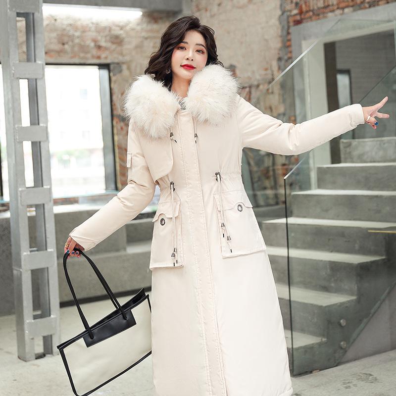 Women's Down & Parkas Long Cotton Jacket Below The Knee Slim Fit Fur Collar Fleece Cotton-Padded Coat Winter Windbreaker