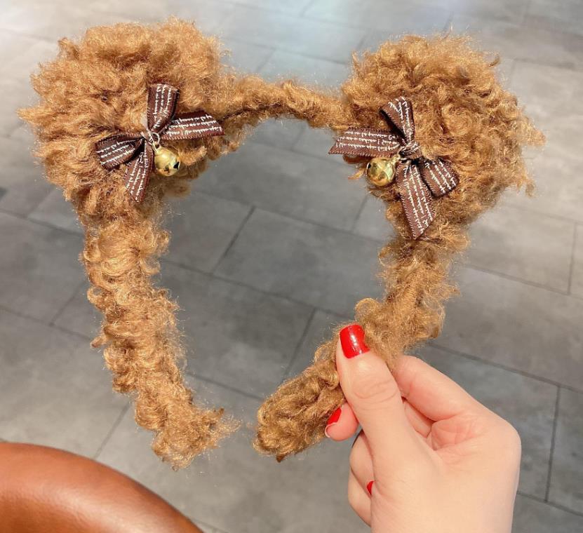 Bear Ear Bell Bowknot Fur Headband Hair Stick Accessories Cute Curly Plush Hairband Soft Fashion Hoop for Party Gift