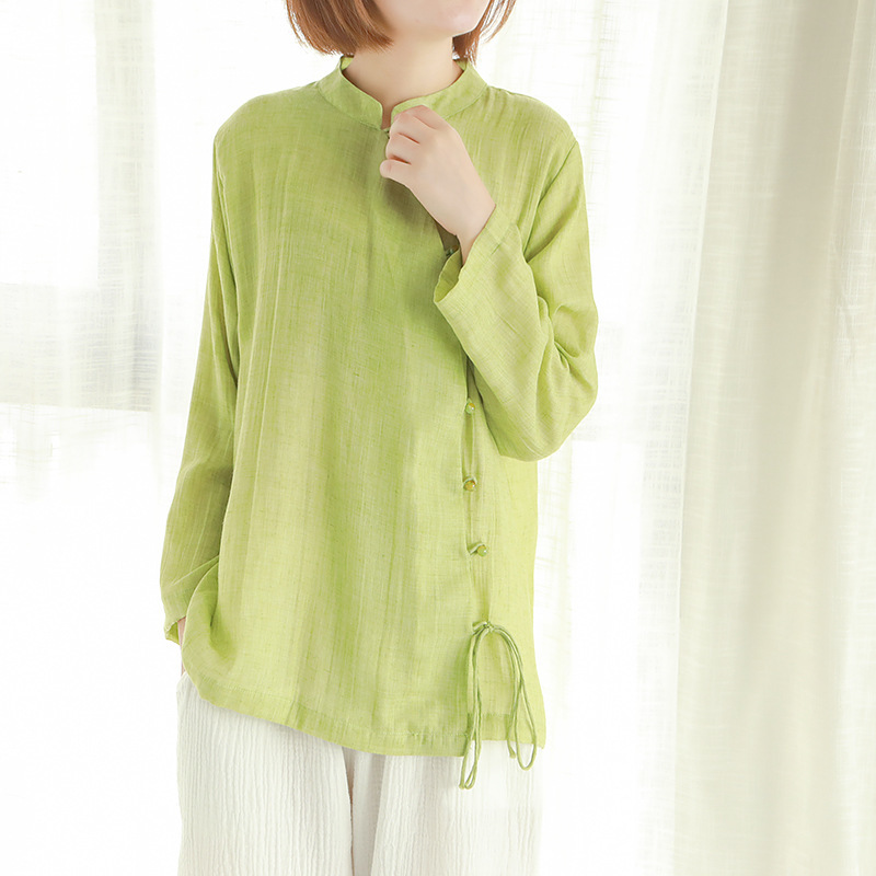 Johnature Chinese Style Women Stand Shirts Button Seven Sleeve Autumn Blouses Solid Color Belt Women Vintage Shirts Top 210308