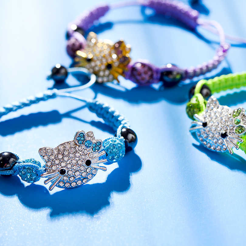 Handmade Cute Children Silver Cat Kids Girls Boys Crystal Beads Connected Braid Charm Bracelets Jewelry 20 Pcs Mix Wholesale