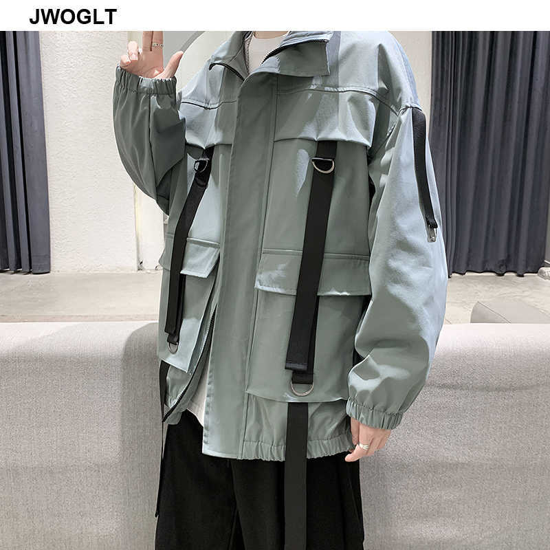 Men's Cargo Jacket Autumn All-Match Harajuku Outwear Korean Style Streetwear Trend Many Pockets Ribbons Zipper Jackets Coats 210528