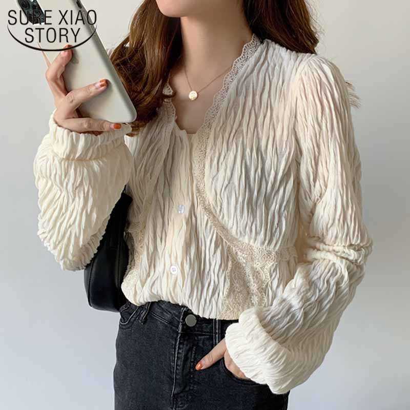 V-neck Korean Lace Blouse Women Button Up Long Sleeve Ladies Shirt Sweet Chic Pleated Tops Solid Elegant Fashion Blusas 12641 210527, Black
V-neck Korean Lace Blouse Women Button Up Long Sleeve Ladies Shirt Sweet Chic Pleated Tops Solid Elegant Fashion Blusas 12641 210527, Black