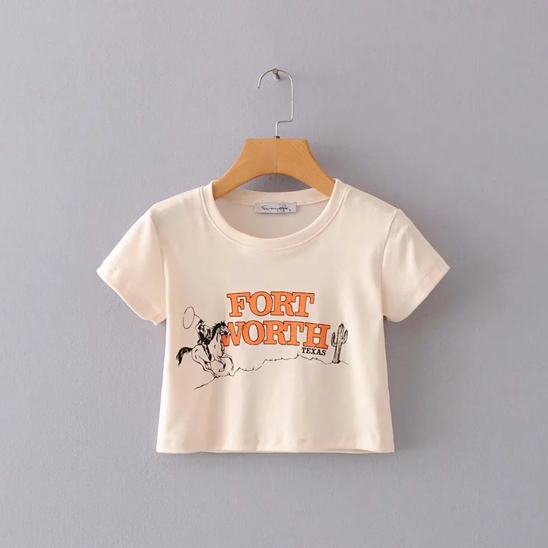 Women Horse Riding Print Crop Tee Cotton Short Sleeve Crop T-shirt 210306