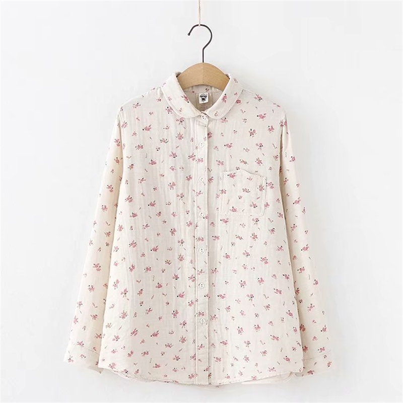 Lamtrip Romantic Floral Print Cotton Yarn Soft Long Sleeve Rustic Flowers Shirt Blouse Female 210225