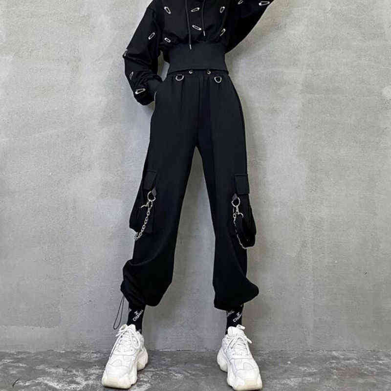 QWEEK Punk Oversized Cargo Pants Women Gothic Streetwear Black Chain Harajuku Hippie Korean Street Style Trousers Female Hip Hop 211115