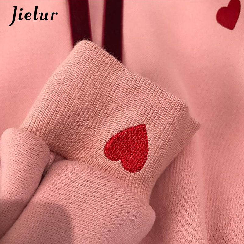 Jielur Heart Embroidery Women's Sweatshirt Hooded Winter Loose Kpop White Hoodies Female Fashion Casual Sudadera Mujer M-XL T200407