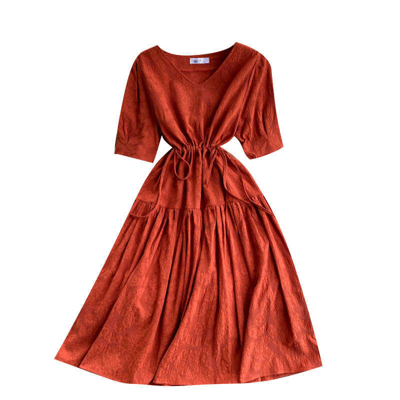 DEAT Women Drawstring Ruffles Dress V-Neck Short Sleeve Arrivals Lady Temperament Fashion Spring Summer 11D599 210709