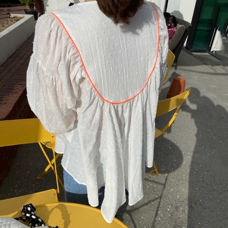 Korejpaa Women Shirt Summer Korean Chic Fresh V-Neck Drawstring Tassel Three-Dimensional Polka Dot Puff Sleeve Doll Blouses 210526