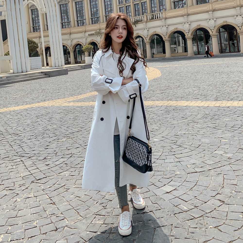 SLPBELY Women Trench Coat Windbreaker White Double Breasted Korean Style Lady Office With Belt Female Outerwear Spring 210820