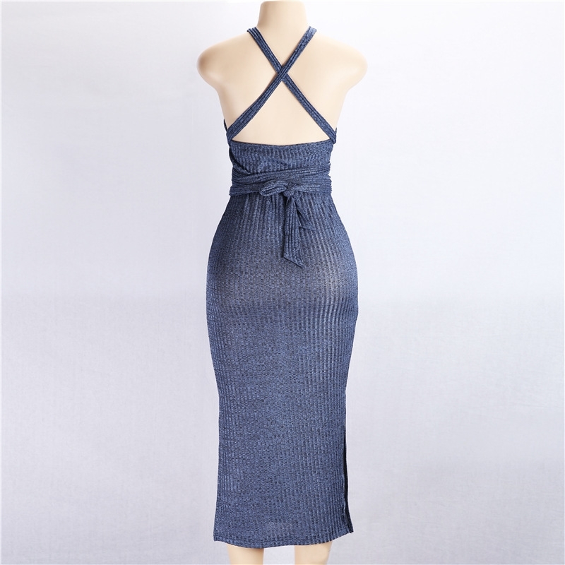 Summer Sheath Dress Women Clothes Sexy Party Halter Neck Sleeveless Slit Mid-calf Dresses Slim Backless Bandage Grey Vestidos T200320