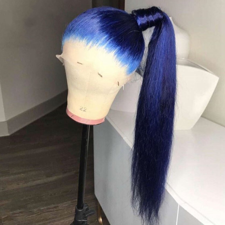 Synthetic Lace Front Simulation Human Hair Wigs Dark Blue Color 180% Density Long Straight Pre Plucked Wig For Women Cosplay