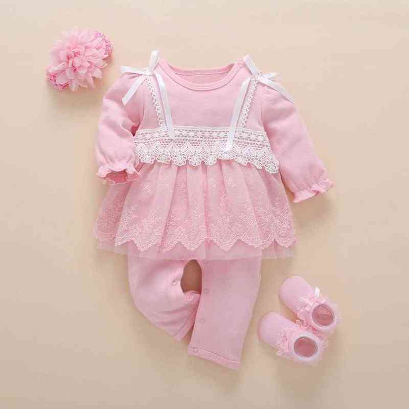 born Baby Girl Clothes Fall Cotton Lace Princess Style Jumpsuit 0-3 Months Infant Romper With Socks Headband ropa bebe 220105