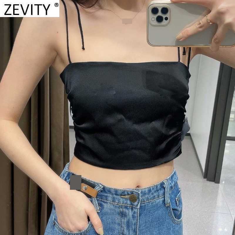 Zevity Women Spaghetti Strap Black White Color Chic Camis Tank Ladies Summer Back Elastic Pleated Short Sling Crop Tops LS9070 210625